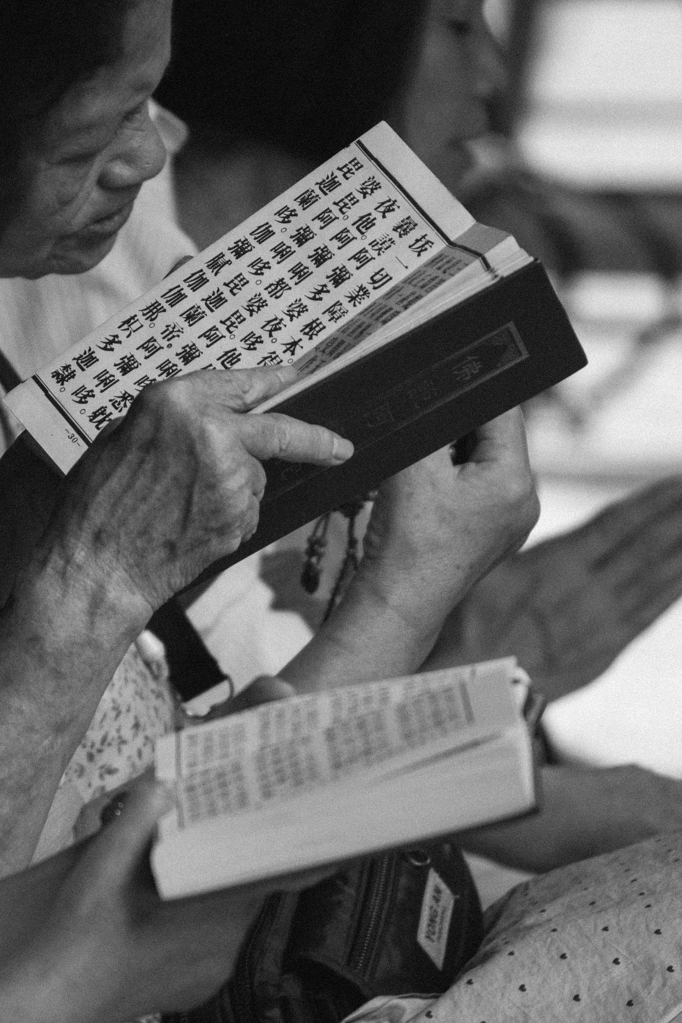 Close view of an elderly devotee reading a sutra book during temple chanting